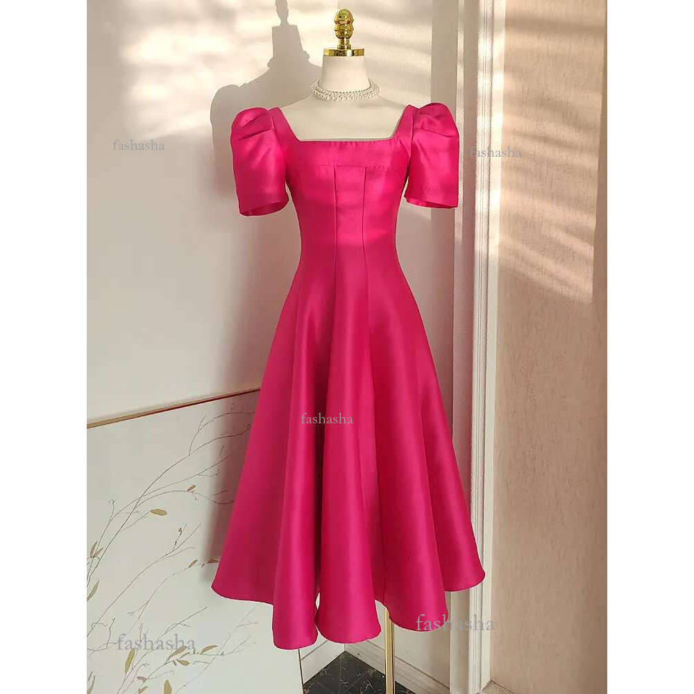 Casual Dresses Elegant Thick Satin Special Occasion Evening Prom Dress Womens Square Collar Puff Short Sleeve Solid Wedding Party Midi Ves