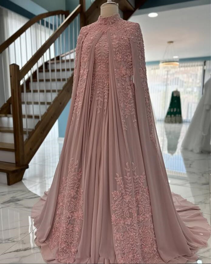 Pale Pink Muslim Arabic Evening Dresses with Cape Wrap Applique Lace Customsized Turkey Caftan Gelinlik Prom Gown Garment