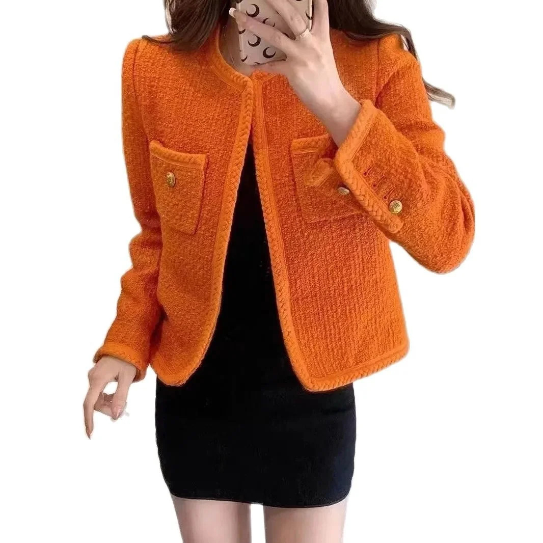 Womens short sleeved autumnwinter 2023 orange tweed jacket casual round neck long 250225