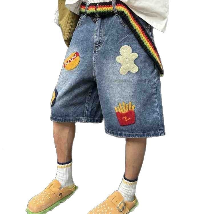 American Street Harajuku Retro Denim Shorts with Letter Embroidery Oversized Jeans Men Y2k Loose Casual Versatile Shorts Women 240701