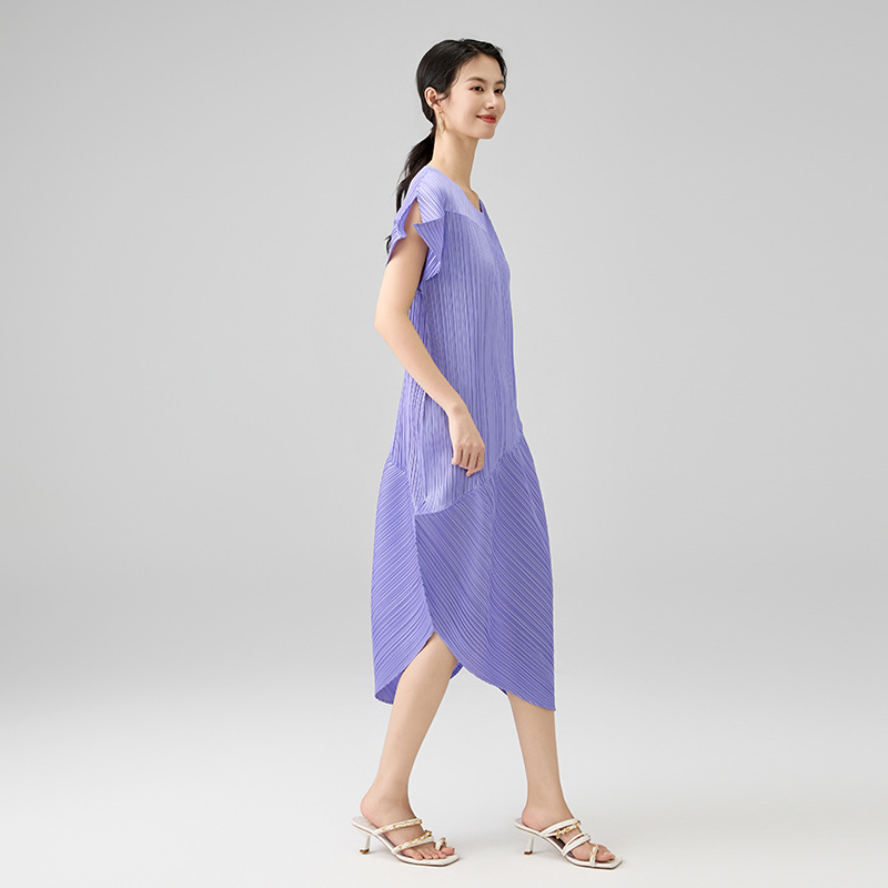 L11170 New summer fashion design temperament slim round neck short sleeve fold irregular dress for women
