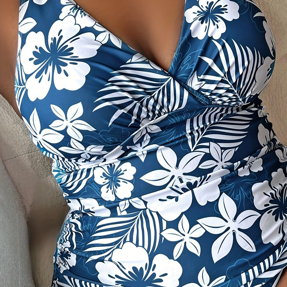 New Womens Plus Size One-piece Bikini Digital Print Gathers Conservative Swimsuits