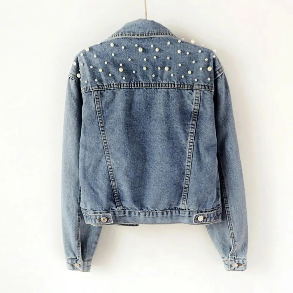 Denim Jacket Solid Single Breasted Cropped Thermal Beaded Long Sleeve Cardigan Faux Pearl Fall Coat 250226
