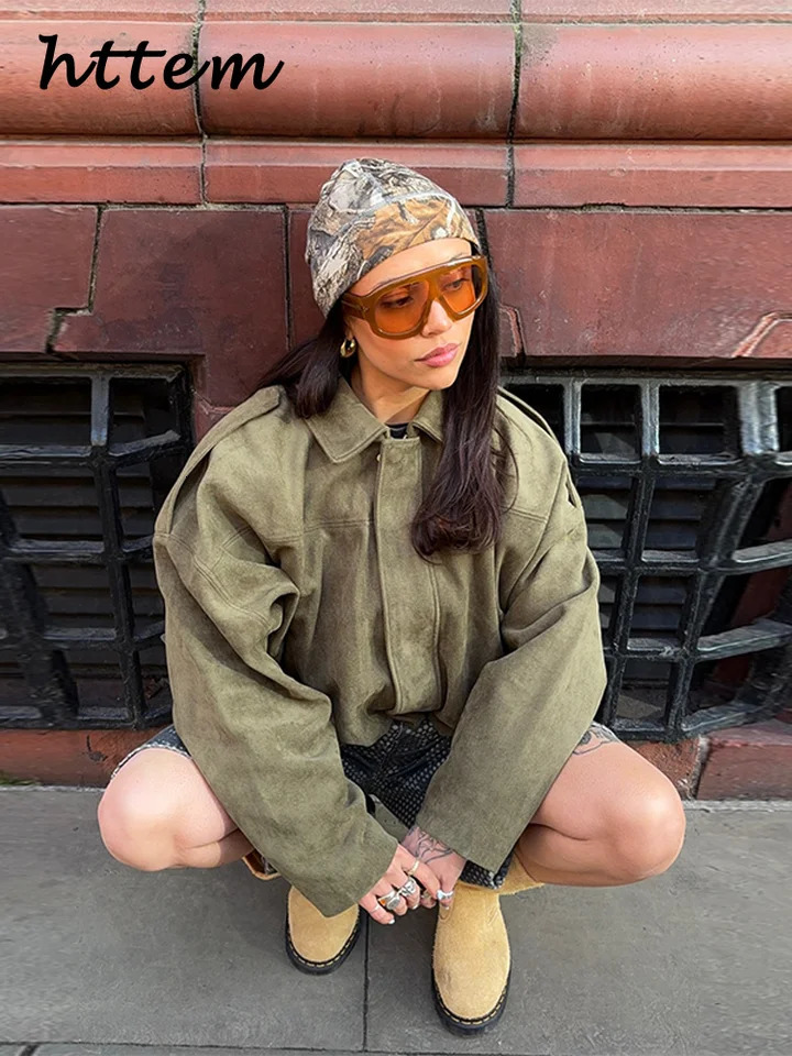 Street Womens Suede Bomber Jacket Fashion Lapel Zipper Full Sleeve Female Coats Spring Lady Casual Commute Vintage Outwear 250306