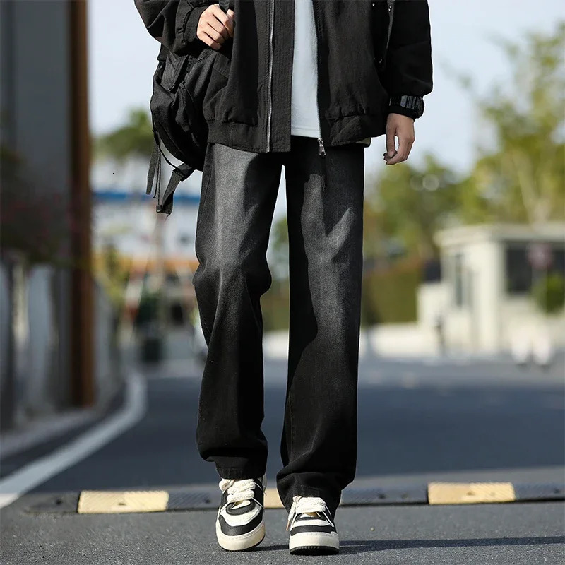 2025 Korean style mens casual long jeans classic straight denim wide leg pants solid color light blue gray up to 3XL 250305