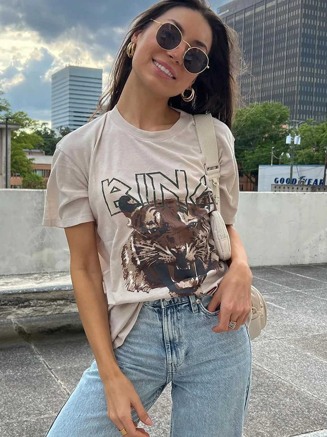 Women's T-Shirt Tiger Graphic T-Shirt Women Short Slve Round Neck Fashion Ts Tops 2024 Summer Clothes Vintage T Shirt T-shirts Female Y250307EL8O