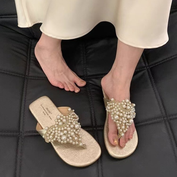 Free Shipping Summer New Sandals Fashion Designer Designer Sandals High Quality All Diamond Soft Women Flat Bottom Pearl Head Slippers Outdoor Casual 