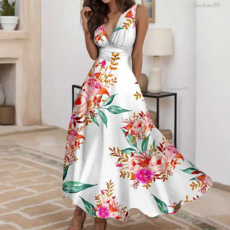 Casual Dresses For Women 2024 Wedding Guest Women's Fashion Spring And Summer Printed Sleeveless V Neck