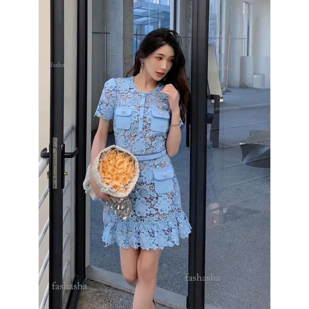 Casual Dresses A-Line Sexy Summer Holiday Party Prom Blue Lace Embroidery Short Dress Women Diamonds Button Mini Vestidos Female Qua