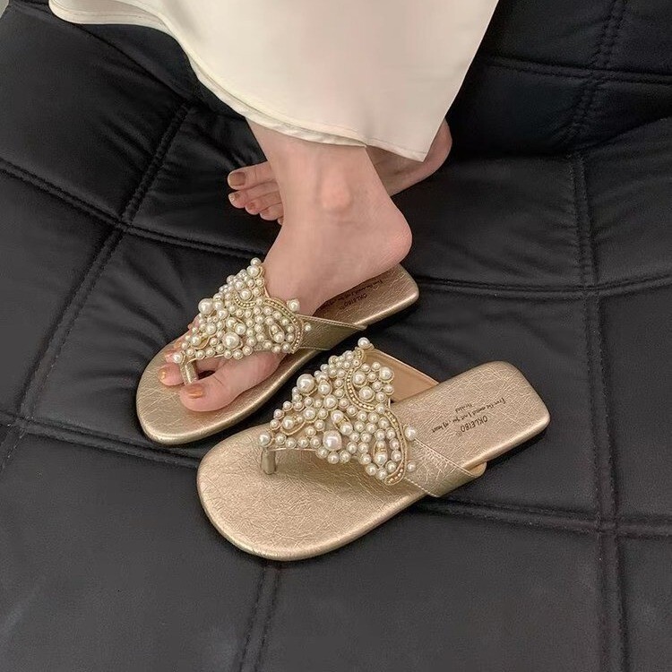 Free Shipping Summer New Sandals Fashion Designer Designer Sandals High Quality All Diamond Soft Women Flat Bottom Pearl Head Slippers Outdoor Casual 