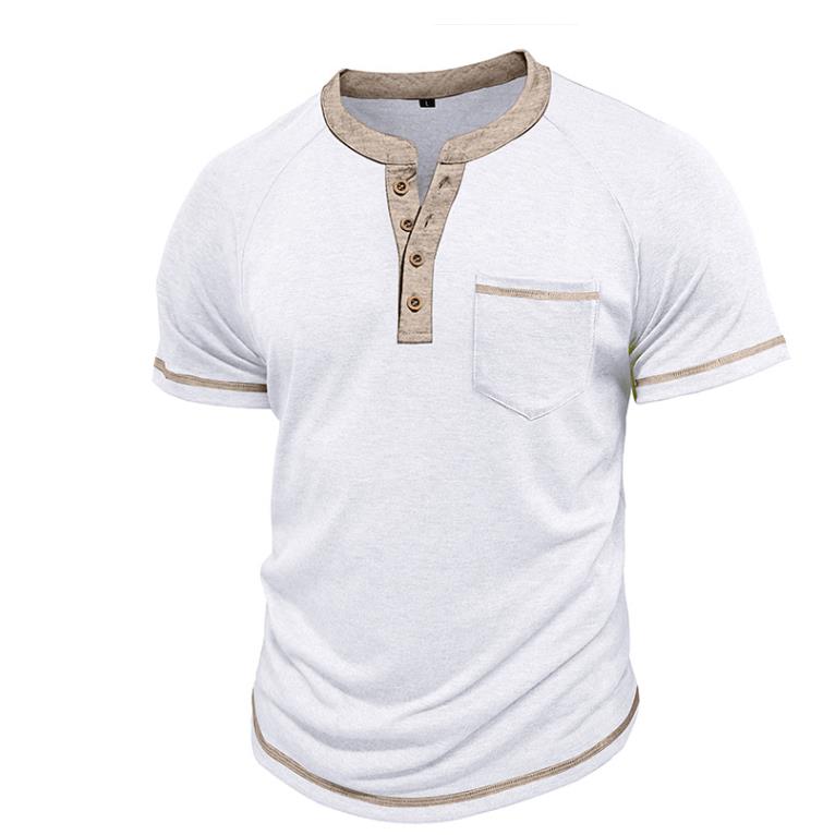 Summer Men's Short-sleeved Henry Shirt Buttons Retro T-shirt Color Matching T-shirts Polos Clothes Male Pullovers Tops Tees White Grey XXXL