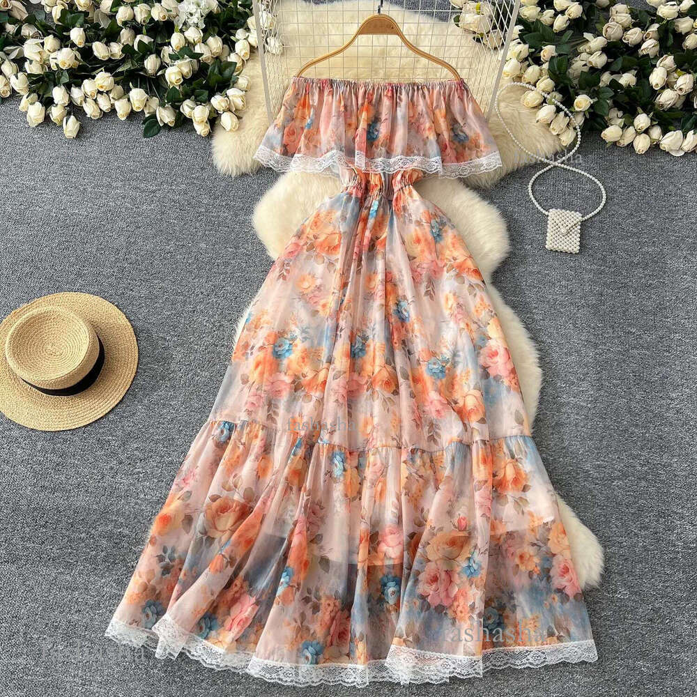 Summer New Casual Dresses 2025 Summer Gorgeous Flower Chiffon Holiday Dress Womens Sexy Off Shoulder Floral Print Lace Trims Elastic Waist Maxi Vest