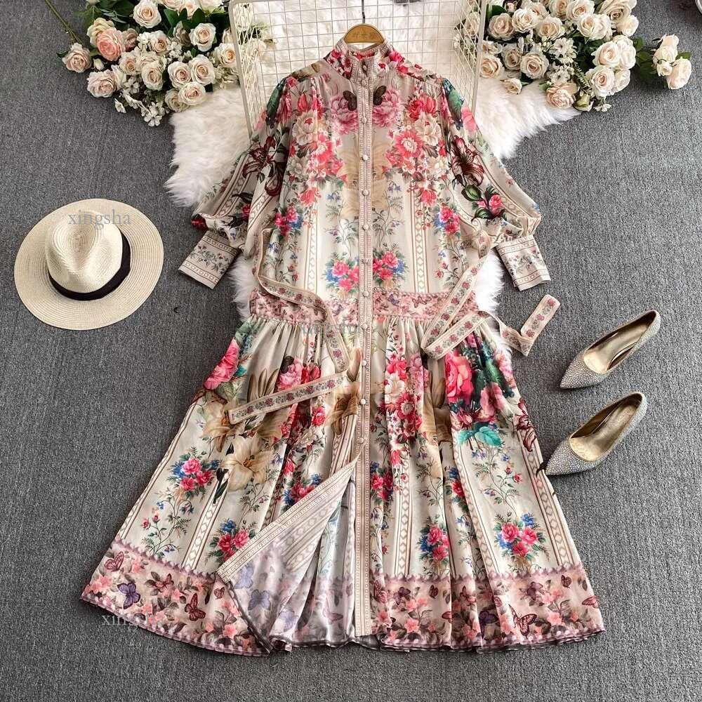 Casual Dresses Holiday Flower Print Long Dress Women's Stand Lantern Sleeve Single Breasted Floral Print Belt Oversize Maxi Robe Vestidos