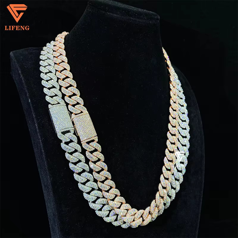 8mm 14mm 2- 3 Rows Pass Diamond Tester VVS1 Moissanite Miami Necklace 925 Sterling Silver Moissanite Cuban Link Chain Rose Gold