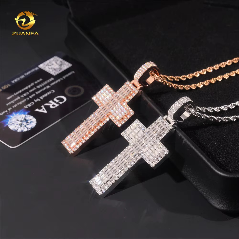Ready Shipping Hip Hop Jewelry Cross Vvs Moissanite Pendant Silver 925 Iced Out Moissanite Baguette Cross Pendant With Chain