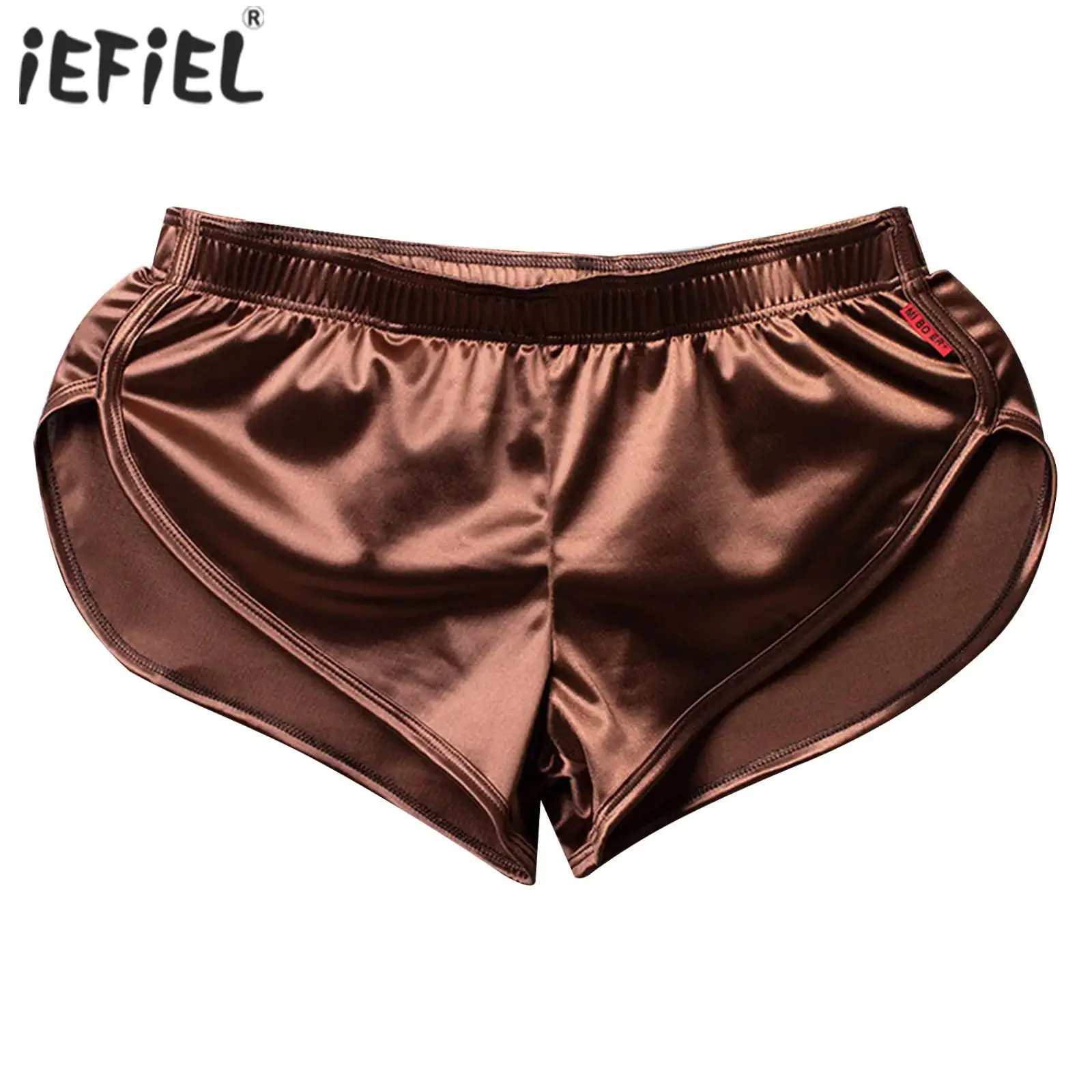 Swimsuit mens side split satin shorts with raised pockets boxers short elastic waistband pajama bottoms casual wear 250226