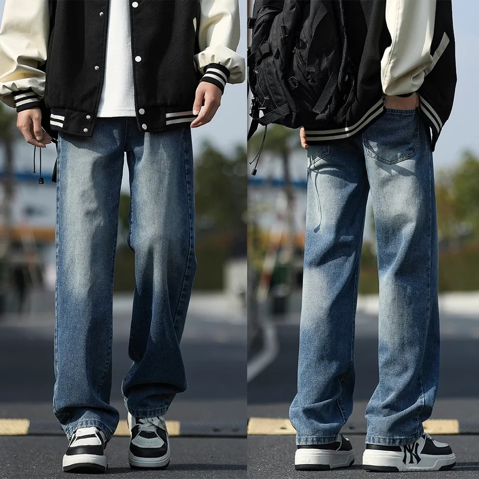 2025 Korean style mens casual long jeans classic straight denim wide leg pants solid color light blue gray up to 3XL 250305