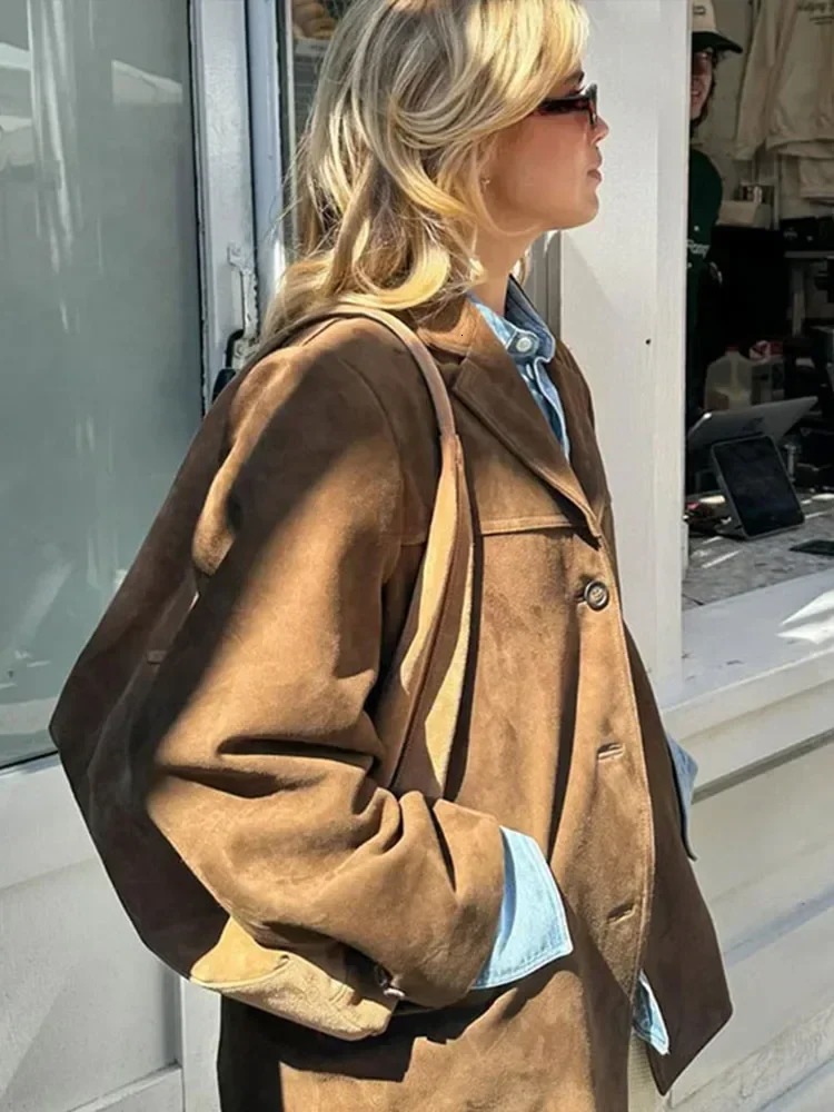 Boyfriend Brown Coat For Women Spring Turndown Collar Long Sleeve Female Jacket 2025 Fashion Loose Singlebreasted Lady Coats 250226