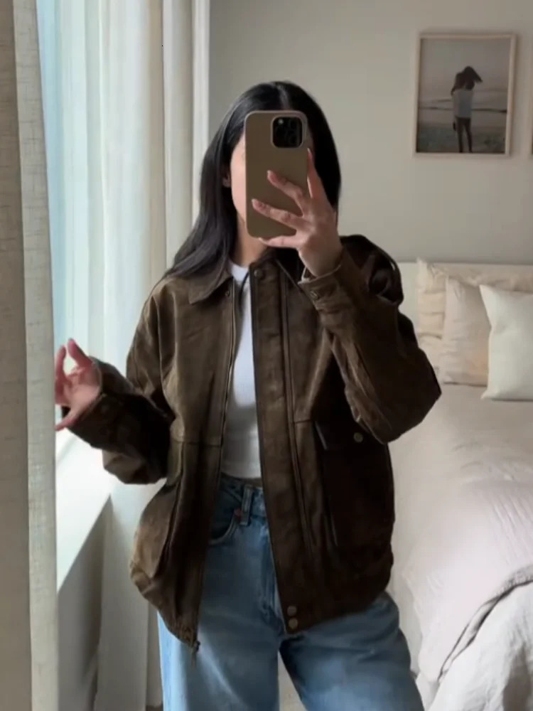 Vintage Suede Zipper Jacket Women Casual Loose Turn-down Collar Button Brown Long Sleeve Coat Spring Street Chic Outerwear Top 250306