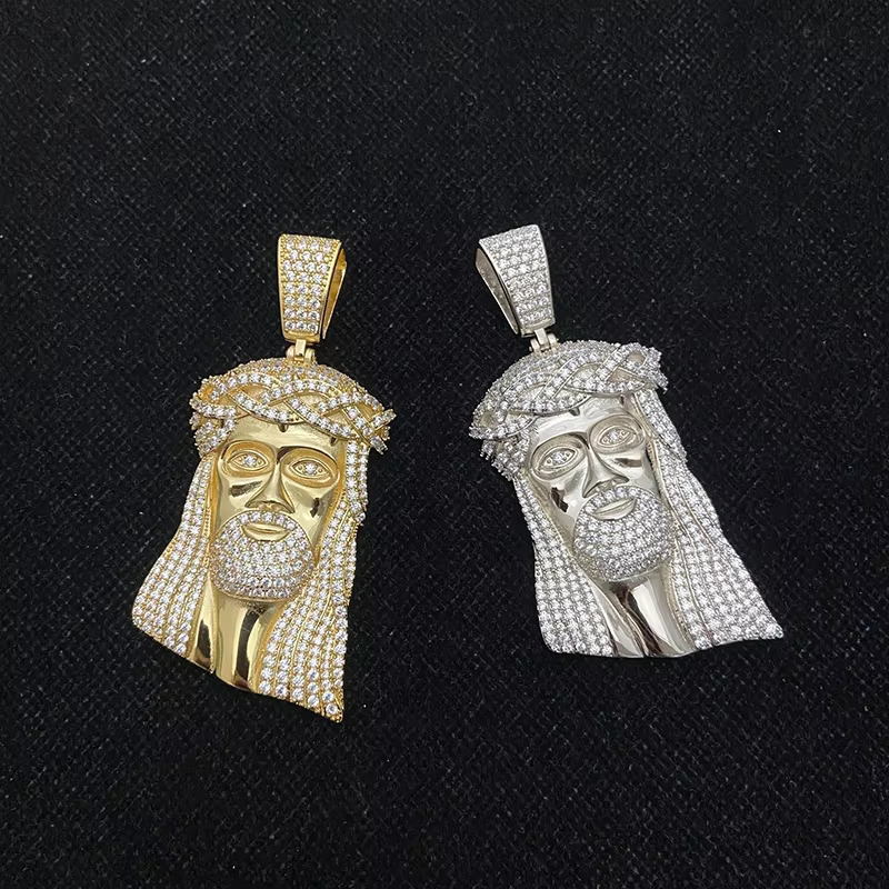 Large Size Micro Pave Solid Back Gold Hip Hop Iced Out Jesus Pendant