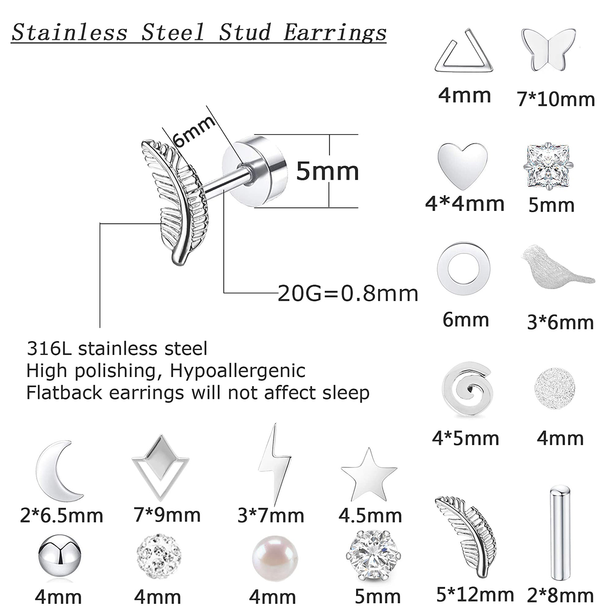 TUPMI 18 Pairs Women Hypoallergenic Flat Back Stud Earrings 20g Stainless Steel Earrings Sets for Men Tiny Unisex Screw Back Cartilage Earrings
