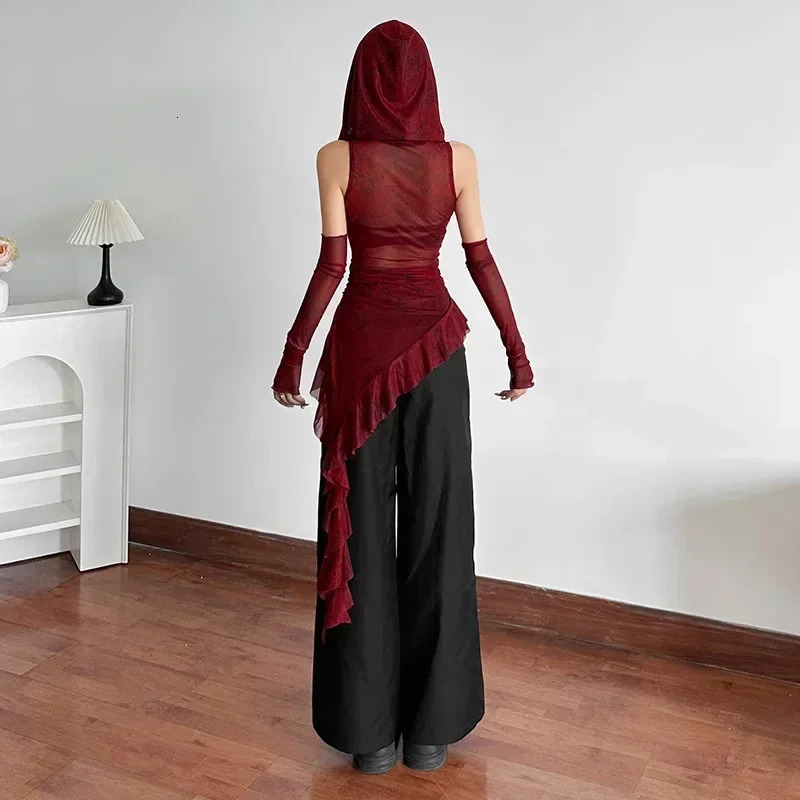 Streetwear 90s Grunge Mesh See Through Hooded Tops Cyber Y2K Irregular Hem Ruffles Hoodie Women Slim Blouse with Cuffs250304