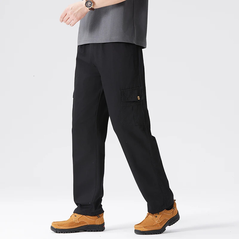 100 Cotton Mens Cargo Pants Straight Fit Loose Work Trouser Male Spring Summer High Waist Big Size Large Plus Elastic Pocket 250305Z