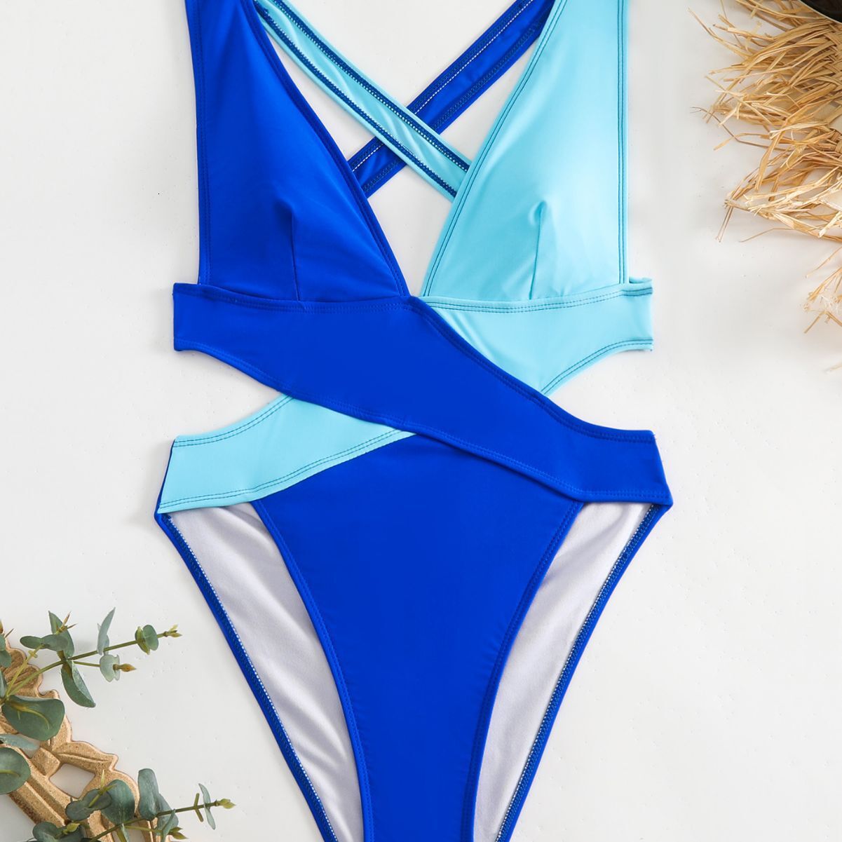 New One-piece Swimsuit Patchwork Bikini Swimsuit Womens Cross Swimsuit Solid Color Contrasting Bikini