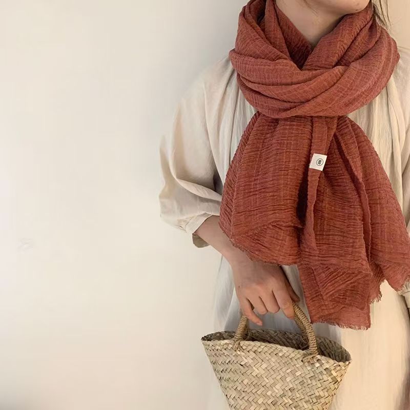 T247 Japanese retro literary autumn and winter new cotton and linen scarf female solid color versatile shawl travel sunscreen scarf neck