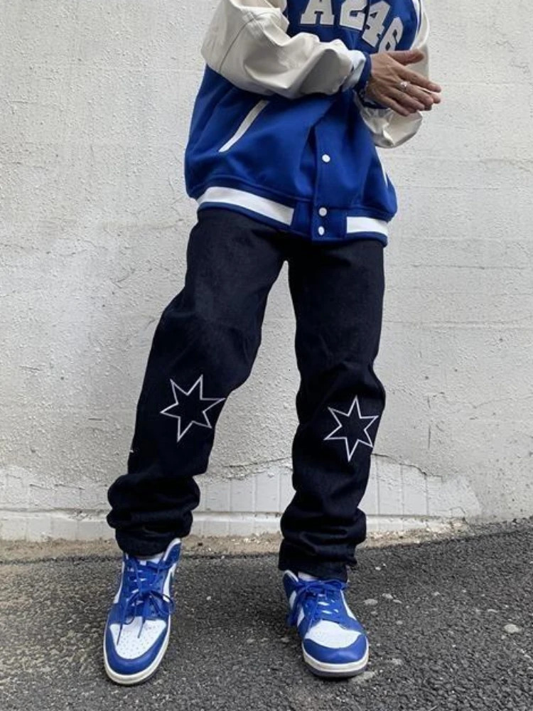 Trousers Straight Man Cowboy Pants with Print Mens Jeans Hip Hop Star Cotton Trend Stacked 90s Streetwear Y2k Vintage Kpop 250306