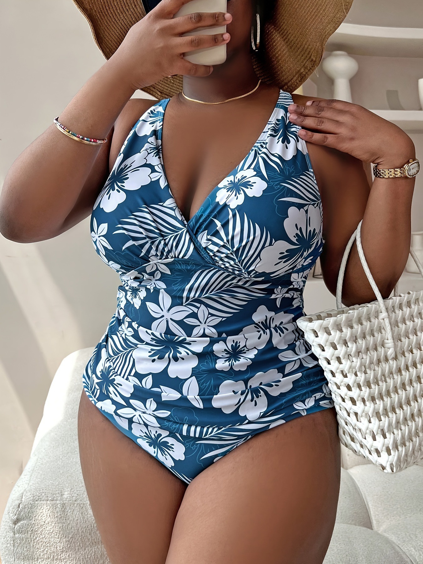 New Womens Plus Size One-piece Bikini Digital Print Gathers Conservative Swimsuits