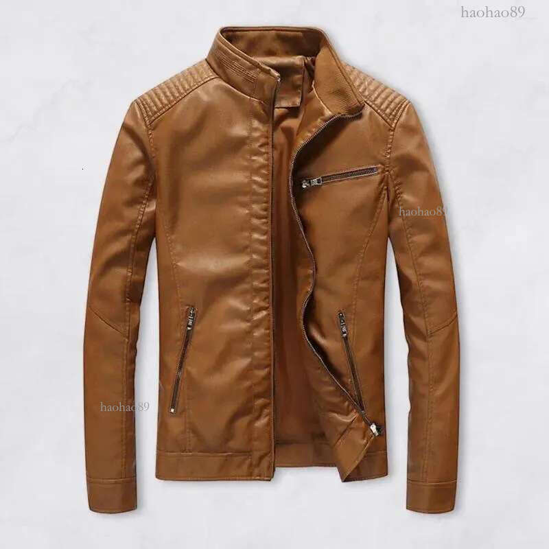 Men's Jackets Men Jacket Faux Leather Stand Collar Pleated Shoulder Long Sleeve Zipper Placket Coat Slim Fit Solid Color Thin Out