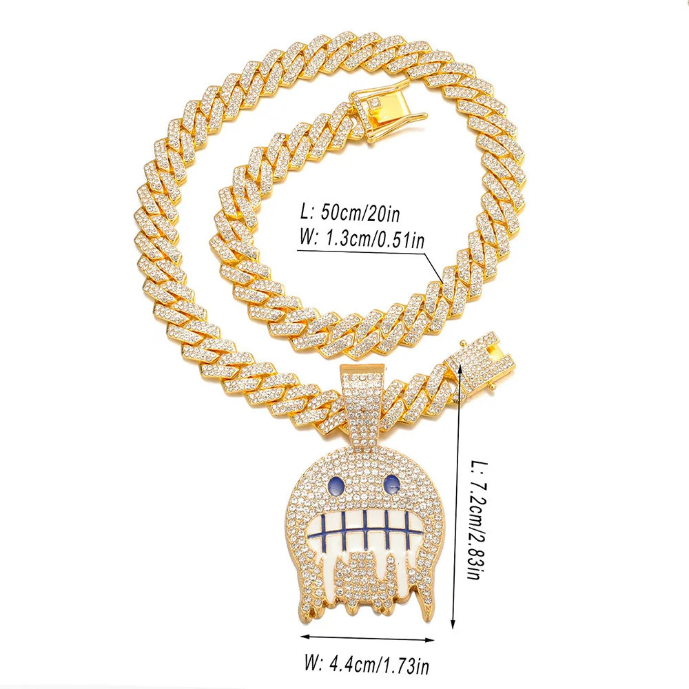 Men White Blue Cubic Zirconia Paved Hip Hop Round Face Pendants Necklaces with Cuban Chain Iced Out Bling CZ Fashion Boy Jewelry 250227