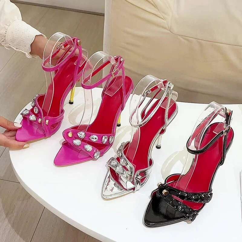 Eilyken Street Style Pointed Toe Rivet CRYSTAL Women Sandals Design Buckle Strap Stripper Thin Heels Shoes Summer Atos Mujer