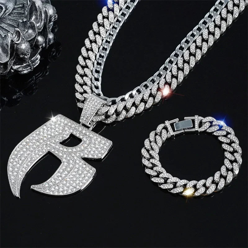 Hip Hop Letter R Pendant Necklace With 13mm Width Miami Cuban Chain Choker Fit Men Women Ruff Ryders Jewelry 250227