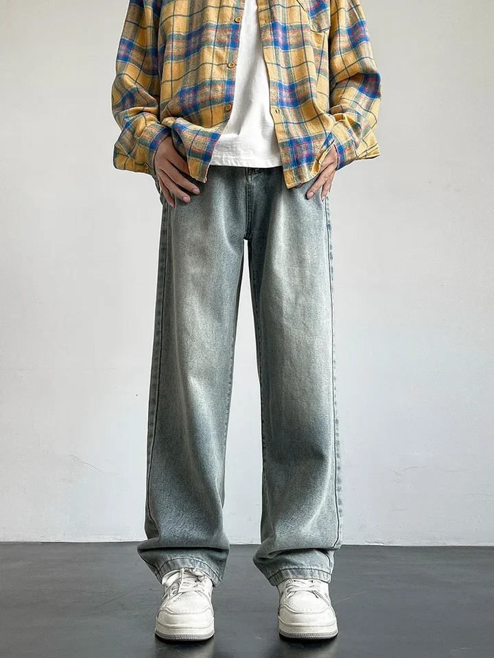 2025 Korean style mens casual long jeans classic straight denim wide leg pants solid color light blue gray up to 3XL y250305