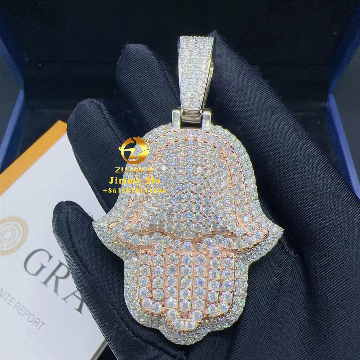 New Design Iced Out Shining Jewelry Hip Hop Pendant 925 Silver Two Tone White+Rose VVS1 Moissanite Diamond Hamsa Pendant