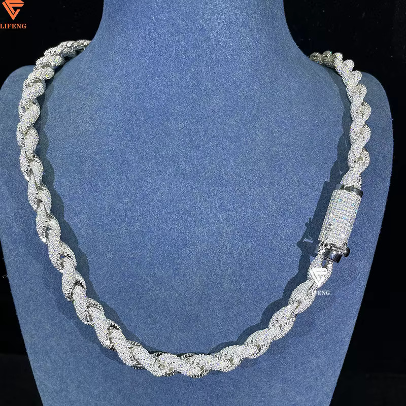 Hot Sale 8mm Iced Out VVS Moissanite Rope Chain Necklace White Gold Ready to Ship 925 Silver Rope Chain Fine Diamond Necklace