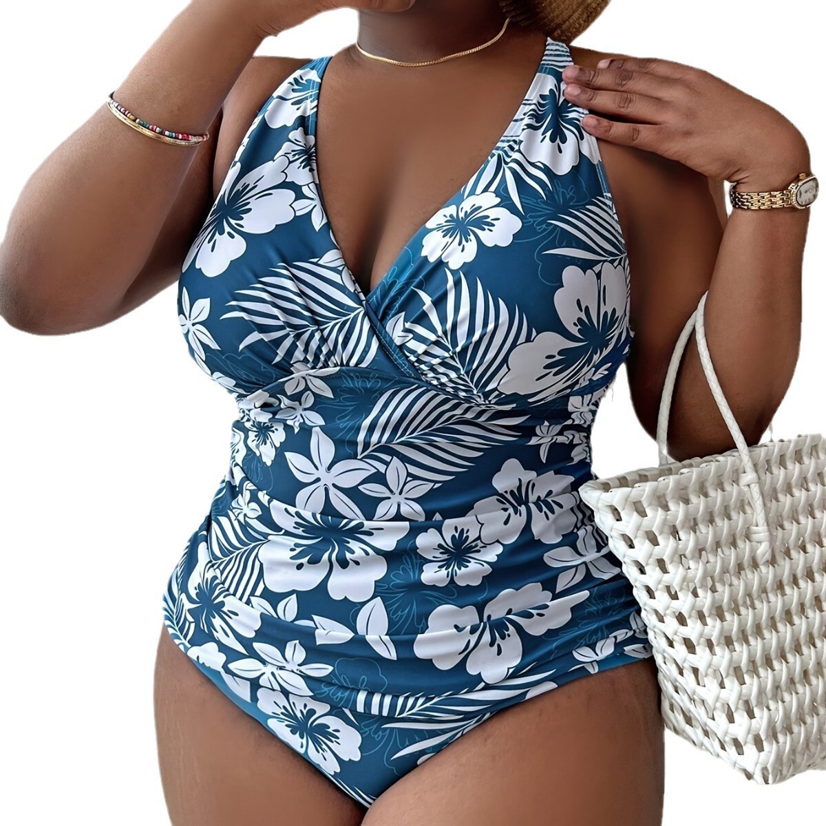New Womens Plus Size One-piece Bikini Digital Print Gathers Conservative Swimsuits