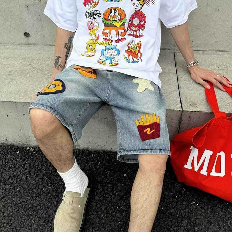 American Street Harajuku Retro Denim Shorts with Letter Embroidery Oversized Jeans Men Y2k Loose Casual Versatile Shorts Women 240701