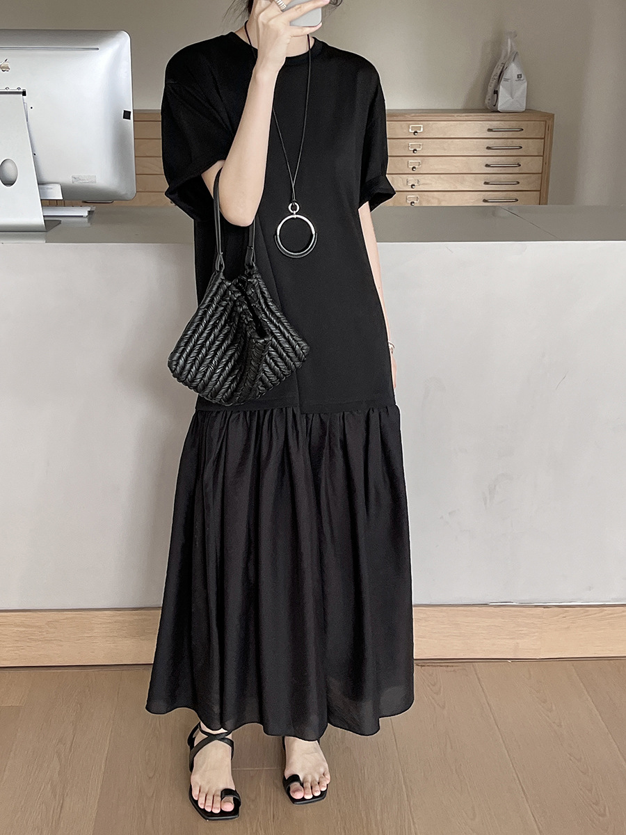 F21150 Spring and Summer 2025 French lazy splicing fake two-piece round neck textured slim dress