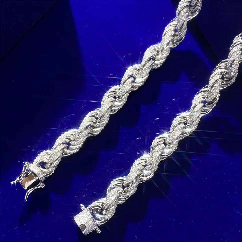 10mm Solid Gold 10k 14k Plated VVS Moissanite Diamond Round Cut Silver Rope Link Chain