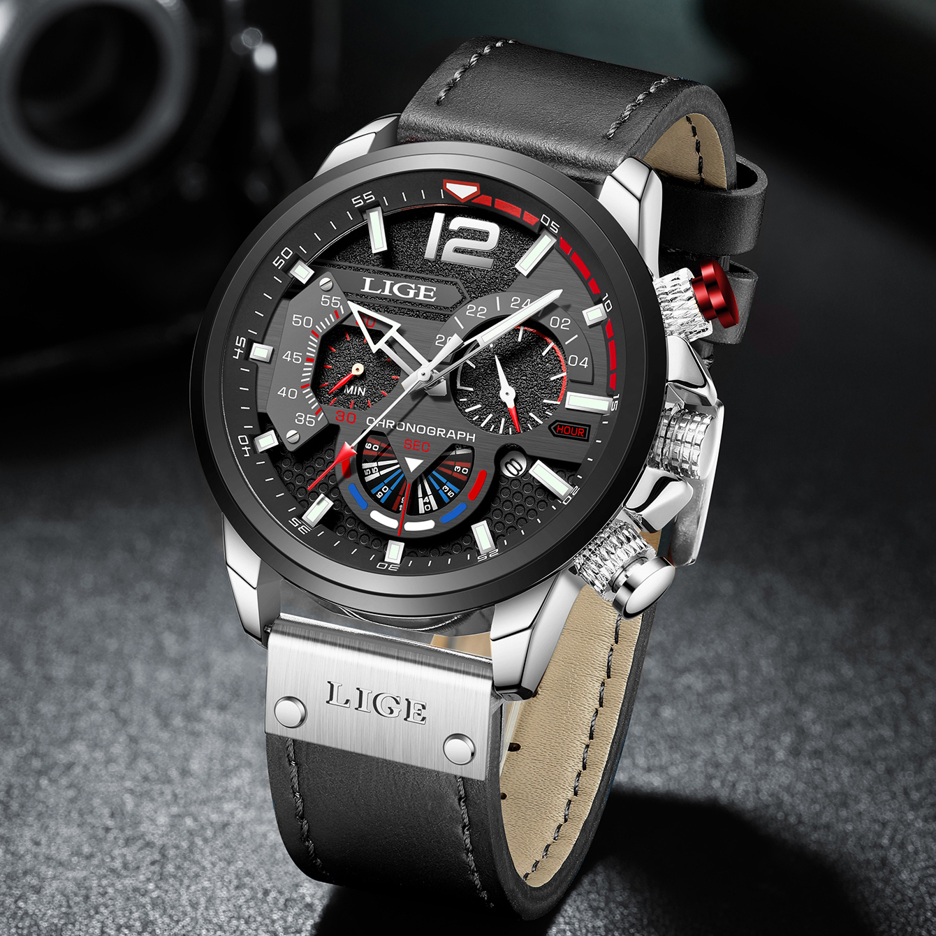 LIGE brand leather strap men's watch multifunctional waterproof calendar large dial quartz watch sports timing code men's watch