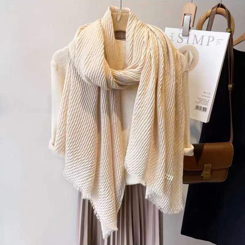 T245 autumn and winter new pleated scarf for women, simple and versatile, solid color, rough edge style, winter neck protection and warmth