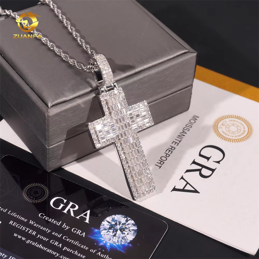 Ready Shipping Hip Hop Jewelry Cross Vvs Moissanite Pendant Silver 925 Iced Out Moissanite Baguette Cross Pendant With Chain