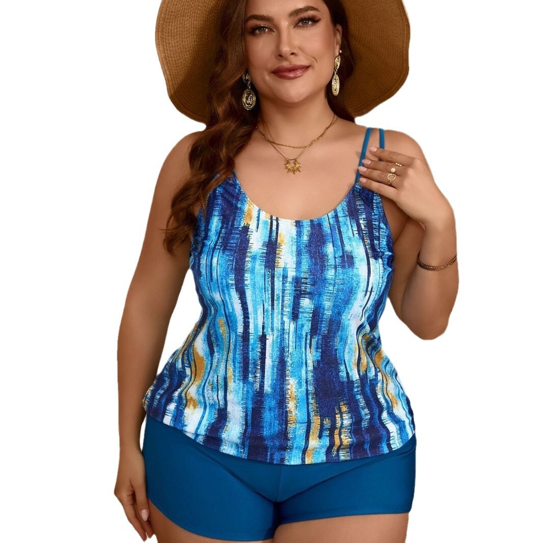 24 New Plus Size Split Swimsuit with Belly Covering and Slimming Print Flat Corner Pants for Beach and Hot Spring Vacation Swimsuit