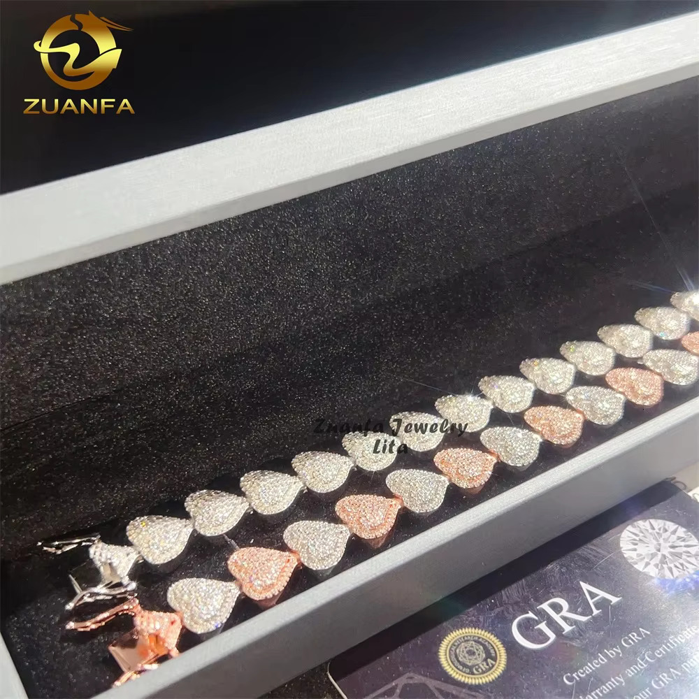 Fine Jewelry Hip Hop Heart Moissanite Diamond 13mm Silver Mixed Rose Gold Cuban Link Chain Bracelet