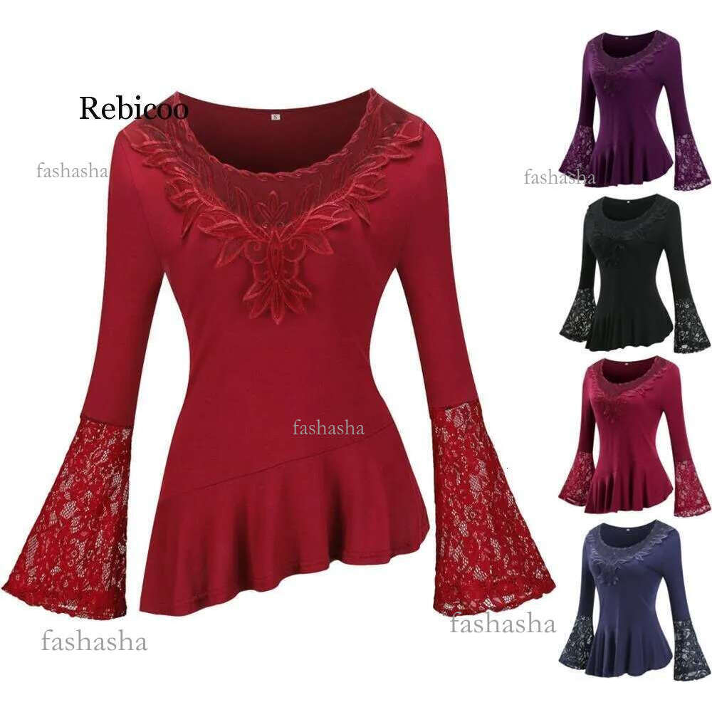 Fashion Lace Blouses Flare Sleeve Shirts For Womens Tops Shirt Plus Size Women Clothes Irregula