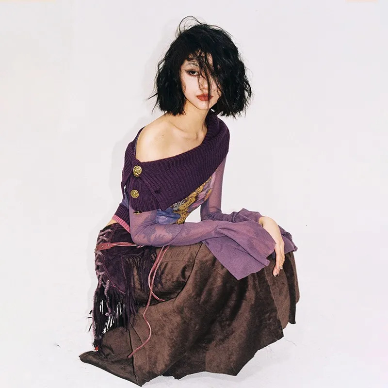 Karrcat Japanese Y2k Off Shoulder Top Grunge Aesthetics Knitted Mesh Top Vintage Trashy 2000s Flare Sleeve Purple T Shirt Gothic250304