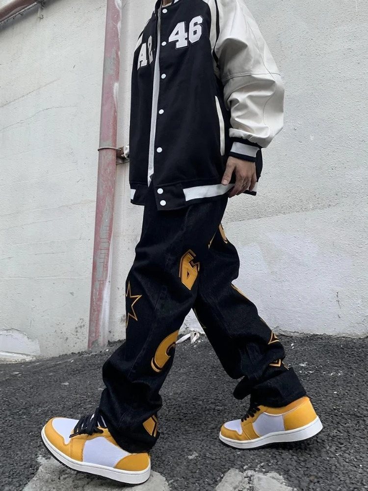 Trousers Straight Man Cowboy Pants with Print Mens Jeans Hip Hop Star Cotton Trend Stacked 90s Streetwear Y2k Vintage Kpop 250306